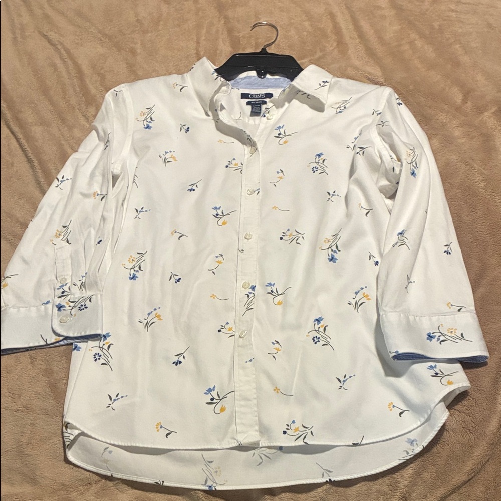 Chaps White Button Down Shirt with Blue and Yellow Floral Design